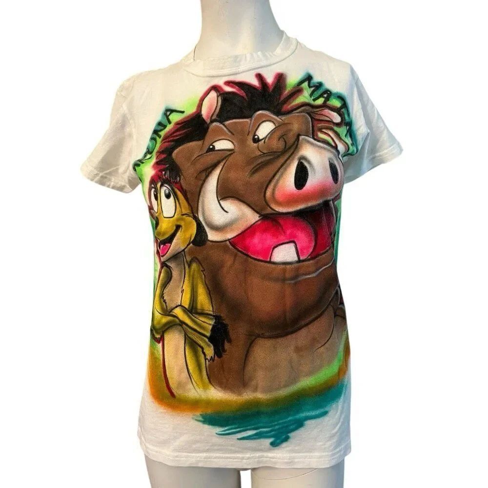 Ladies Small Juniors Large Airbrushed Hacuna Matata T Shirt Pumba Timon Vintage